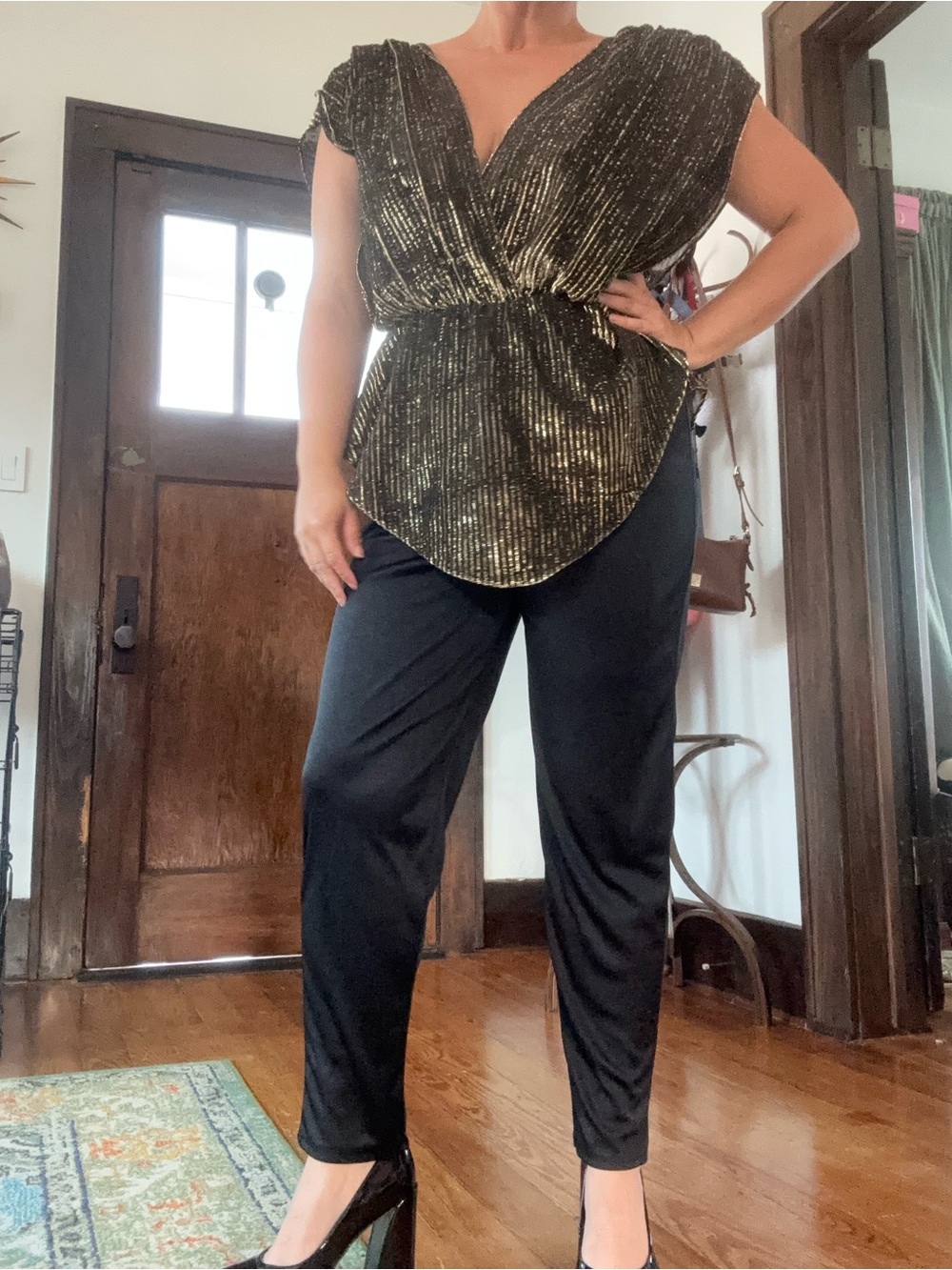 Vintage 80s Black & Gold Disco Ruffle Jumpsuit